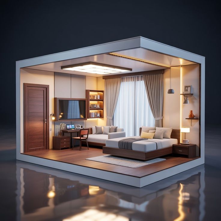 A warmly lit bedroom with a wooden bed, sofa, shelves and soft curtains